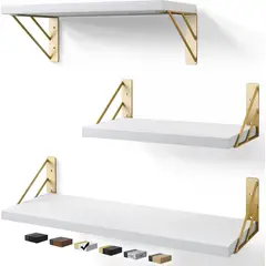GENERICO - Repisas Flotantes De Madera KIT X3 Estantes Blanco con Dorado